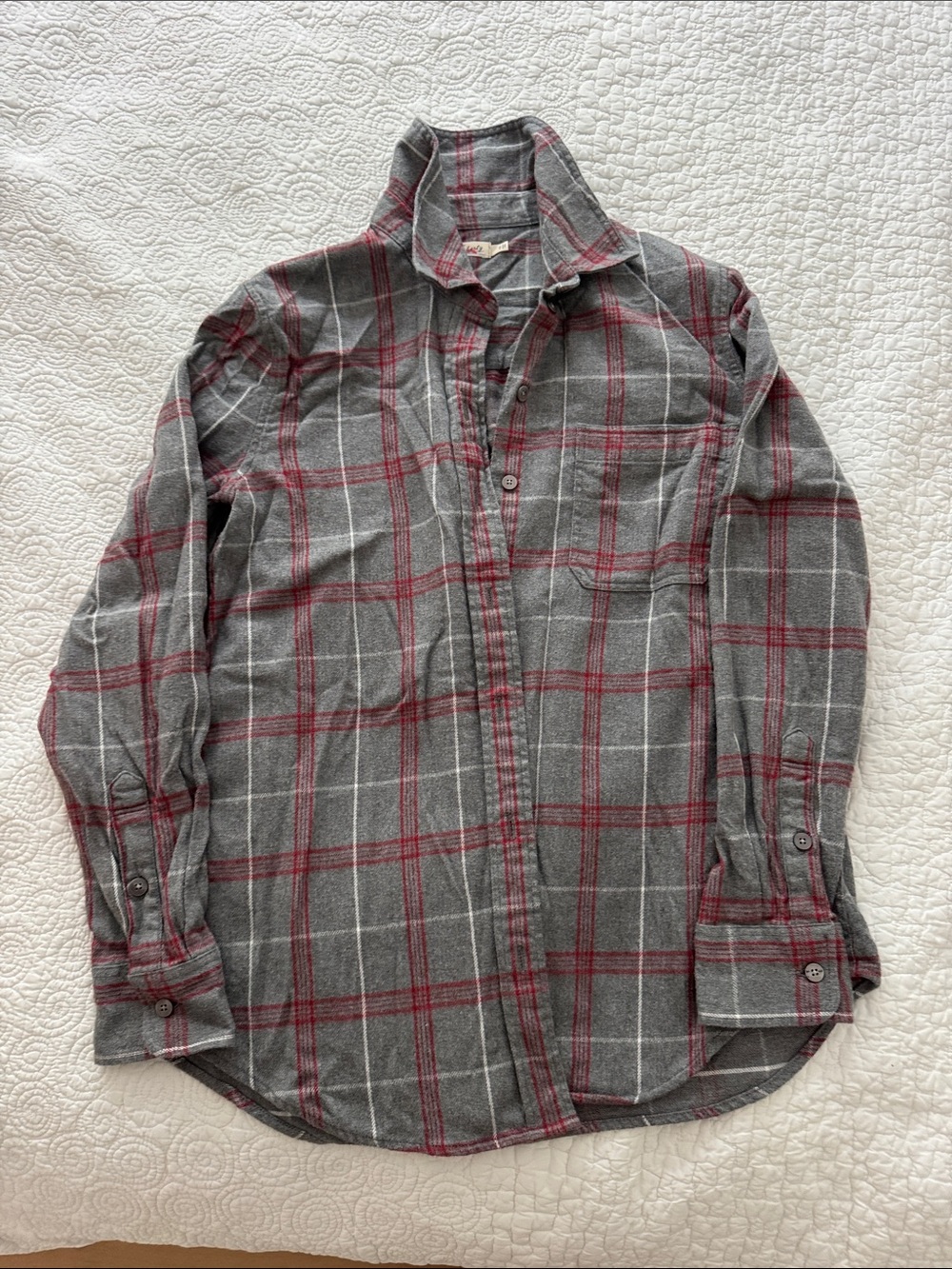 Faherty Gray and Red Plaid Button-Down Shirt